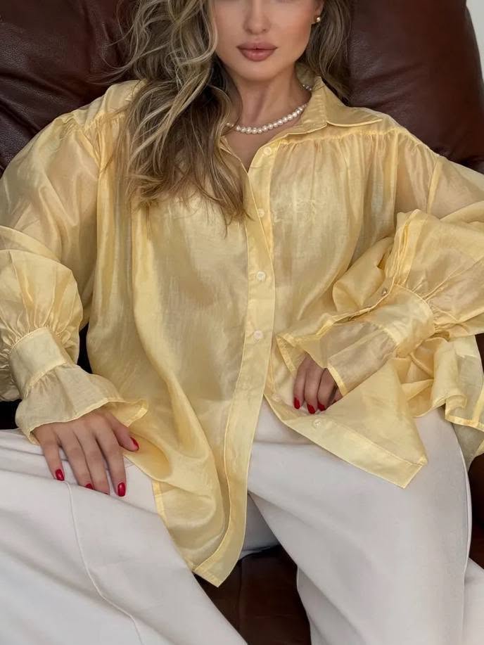 OLANE Long Sleeve Chiffon Sheer Blouse YellowSWomen’s Tops