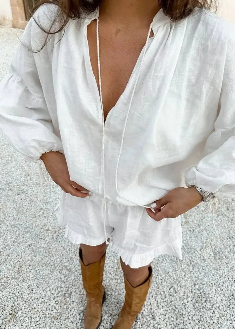 OLANE Long Sleeve Cotton Lounge Set White SetLWomen's Sets