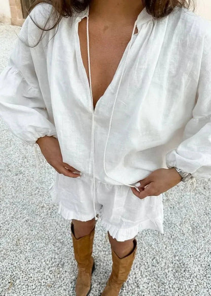 OLANE Long Sleeve Cotton Lounge Set White SetLWomen's Sets