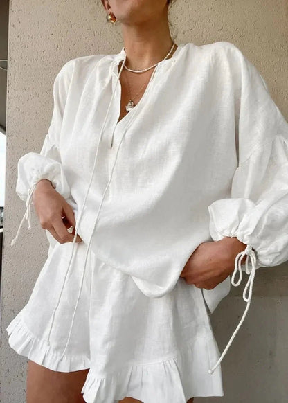 OLANE Long Sleeve Cotton Lounge Set White SetLWomen's Sets
