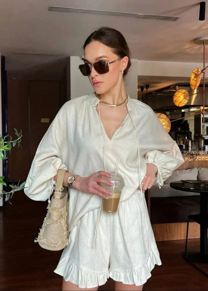 OLANE Long Sleeve Cotton Lounge Set White SetLWomen's Sets