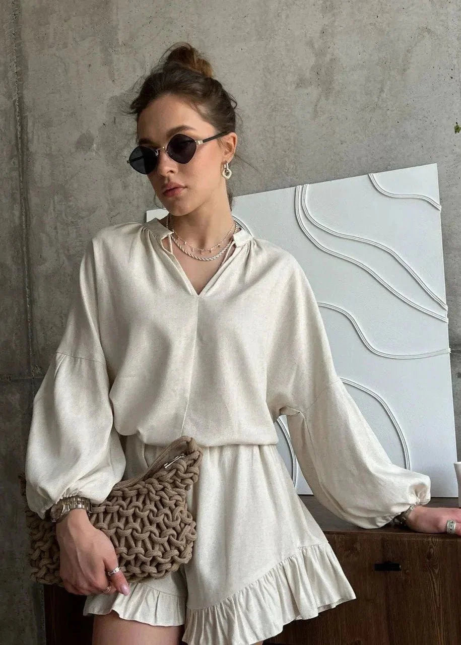 OLANE Long Sleeve Cotton Lounge Set White SetLWomen's Sets