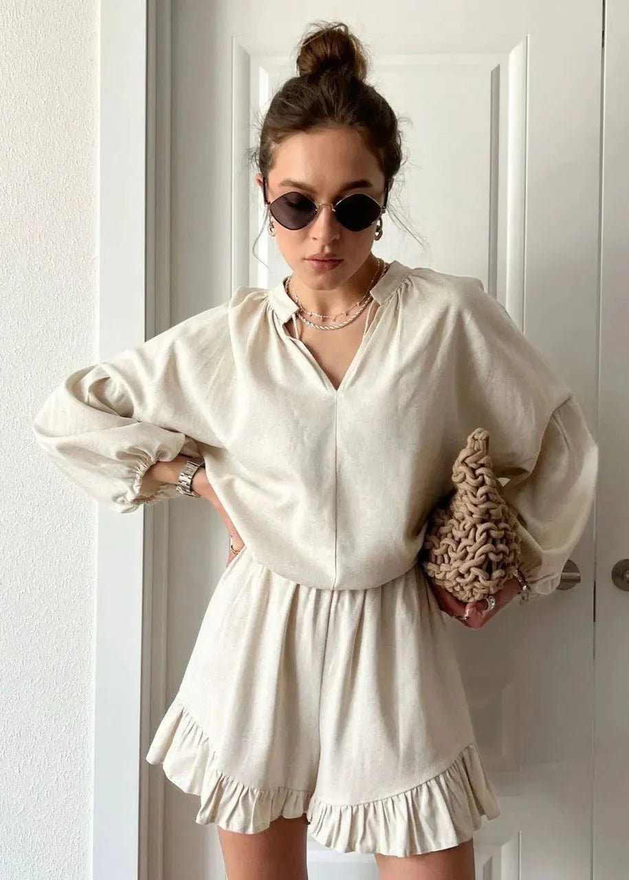OLANE Long Sleeve Cotton Lounge Set White SetLWomen's Sets