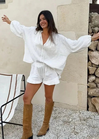 OLANE Long Sleeve Cotton Lounge Set White SetLWomen's Sets