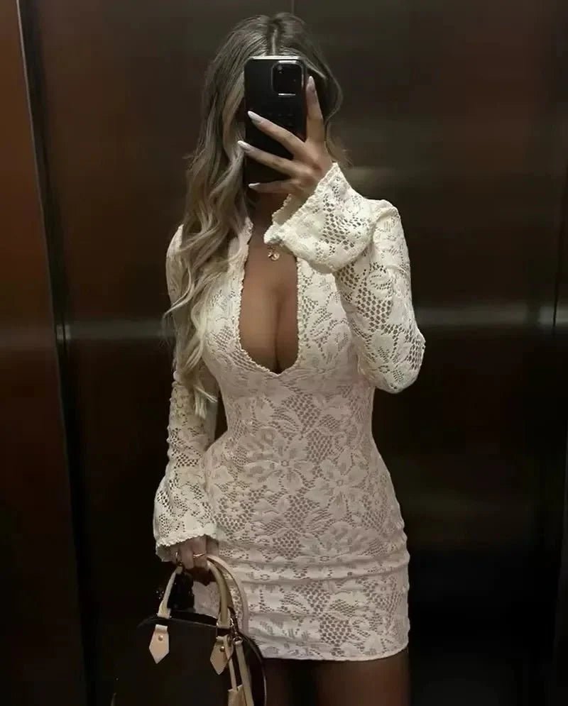 OLANE Long Sleeve Cut-Out Lace Mini Dress WhiteXSWomen's Dresses