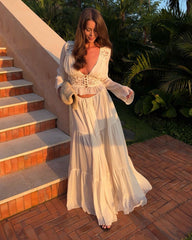 Long Sleeve Lace Deep V-Neck Skirt Set