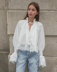 Long Sleeve Lace Trim Embroidered Blouse