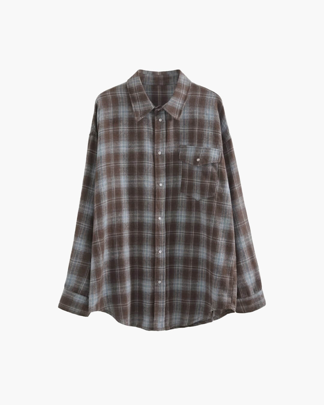 OLANE Long Sleeve Oversized Plaid Shirt Gray BlueOne SizeWomen’s Tops