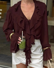 Long Sleeve Tie Neck Ruffled Blouse
