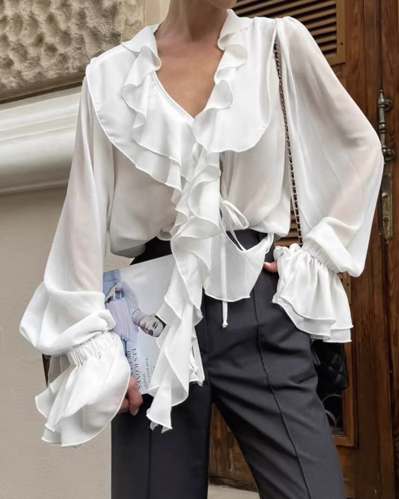 OLANE Long Sleeve Tie Neck Ruffled Blouse WhiteSWomen’s Tops