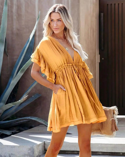 OLANE Loose Fit Babydoll Boho Mini Dress YellowOWomen's Dresses