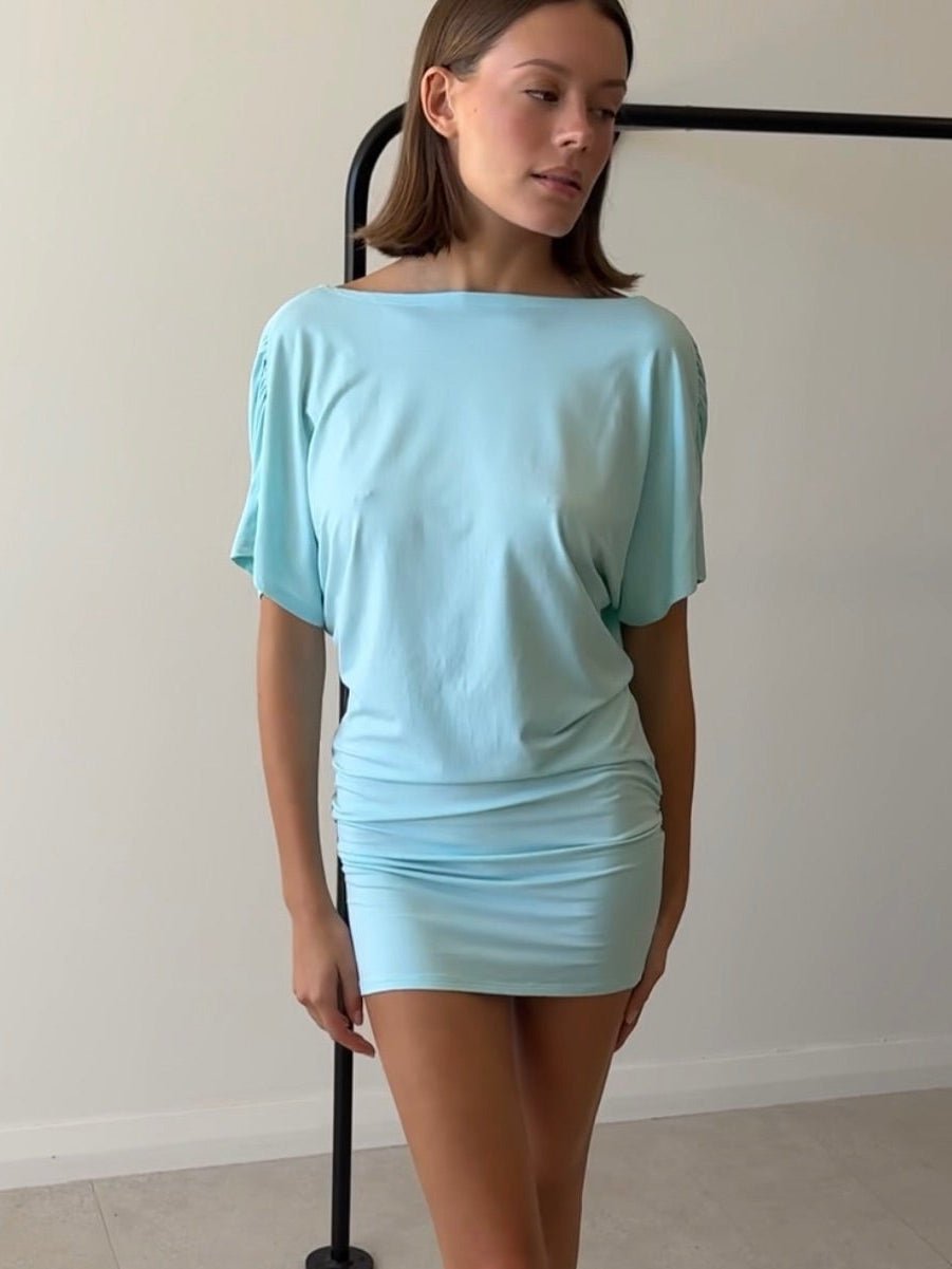 OLANE Lucy Deep V-Neck Ruched Mini Dress Light BlueMWomen’s Dresses
