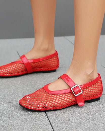 OLANE Luella Buckled Mesh Ballet Flats Red35Shoes