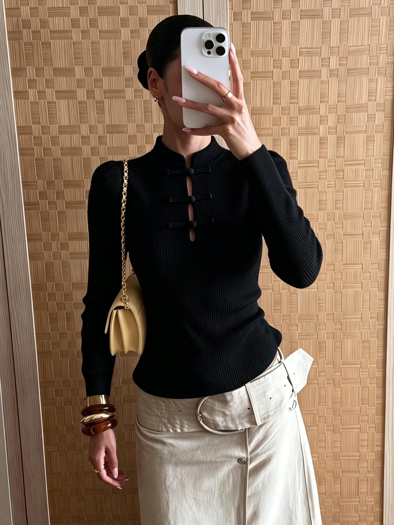 OLANE Mandarin Collar Ribbed Knit Top BlackXSTop