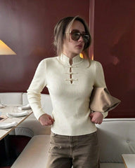 Mandarin Collar Ribbed Knit Top