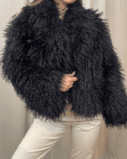 OLANE Mongolian Fuzzy Faux Fur Coat BlackXSWomen's Coats & Jackets