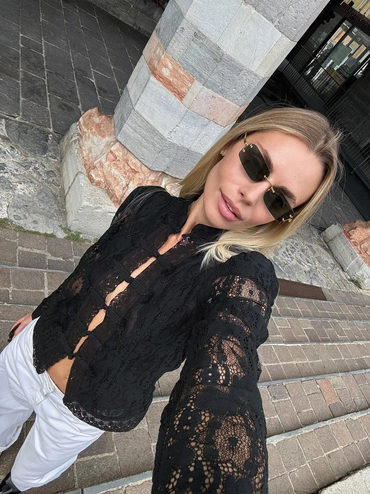 OLANE Nikki Puff Sleeve Lace Blouse BlackMWomen’s Tops