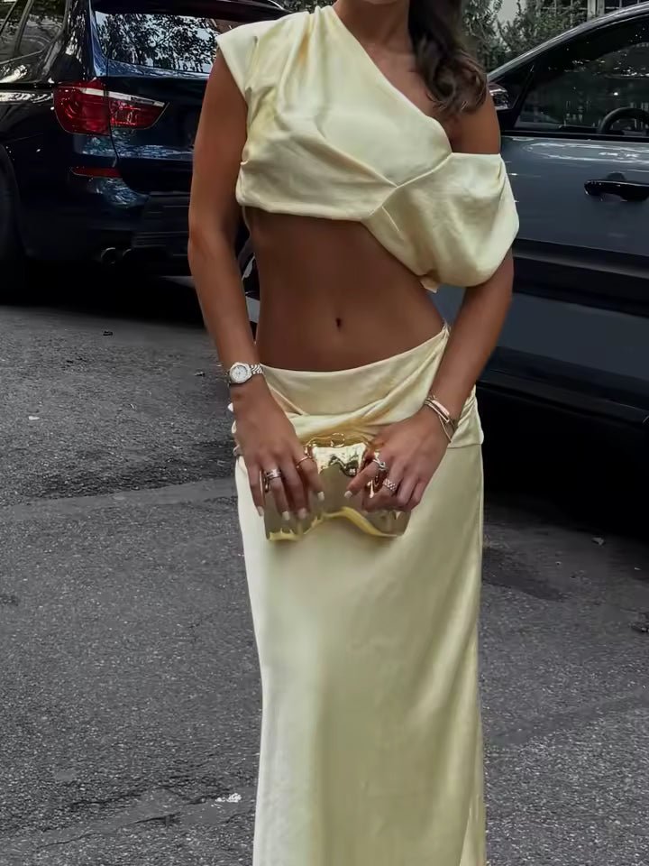 OLANE One - Shoulder Satin Pleated Two - Piece Set YellowXSWomen's Sets