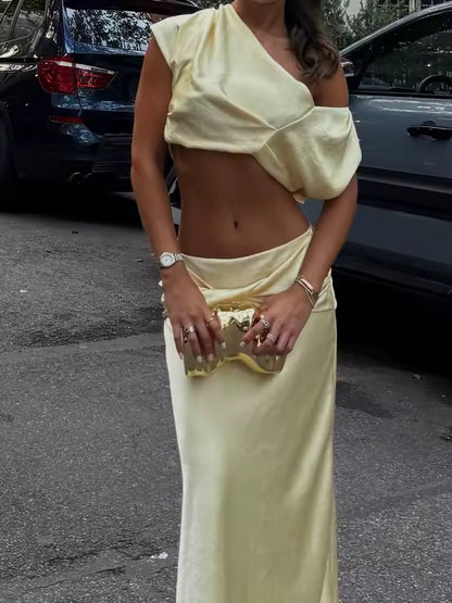 OLANE One - Shoulder Satin Pleated Two - Piece Set YellowXSWomen's Sets
