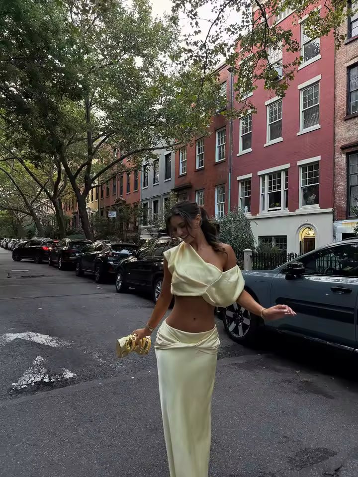 OLANE One - Shoulder Satin Pleated Two - Piece Set YellowXSWomen's Sets