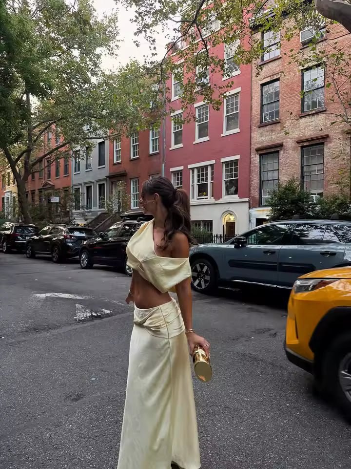 OLANE One - Shoulder Satin Pleated Two - Piece Set YellowXSWomen's Sets