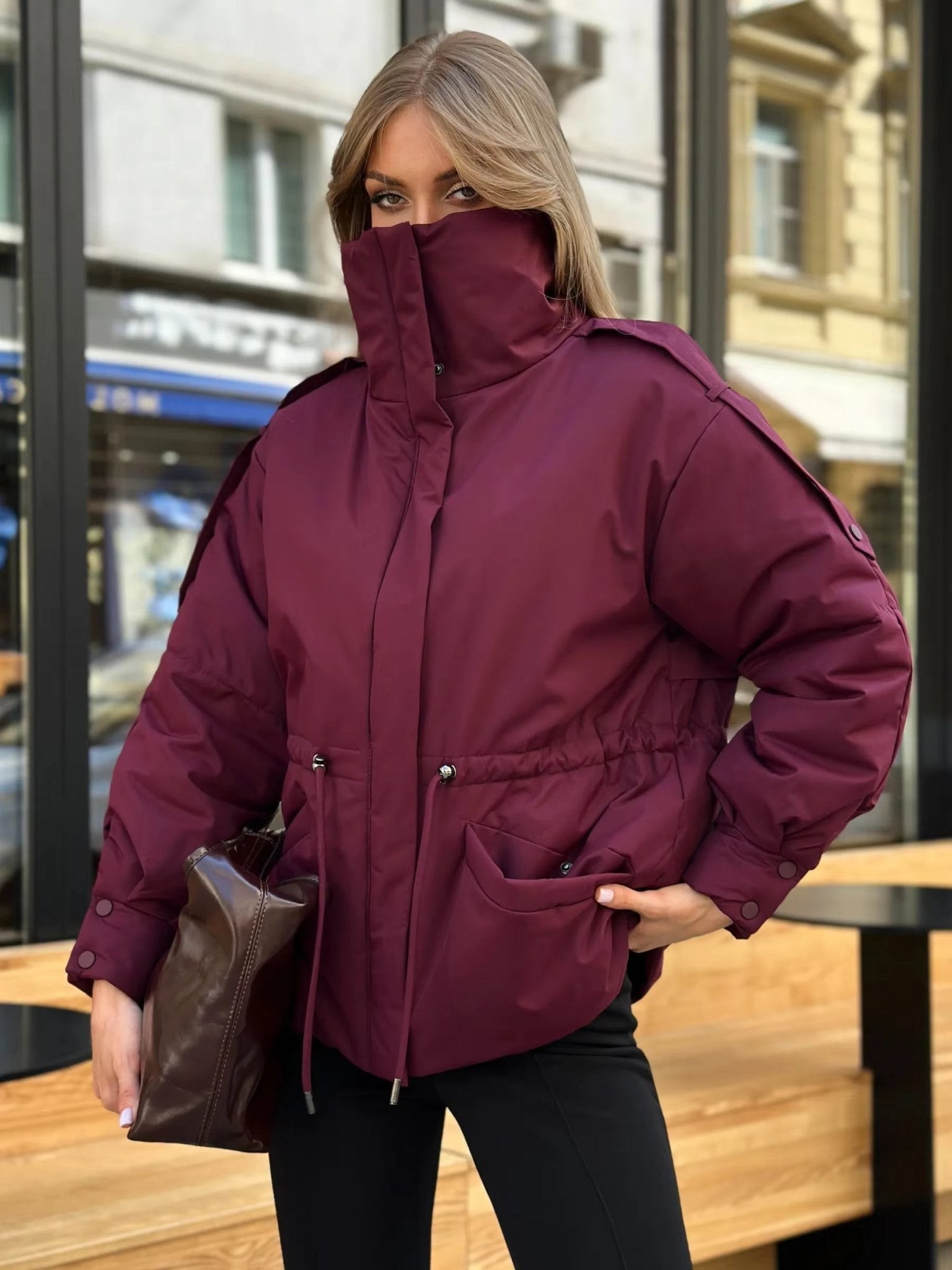 OLANE Oversized Drawstring Waist Puffer Jacket PurpleSWomen's Coats & Jackets