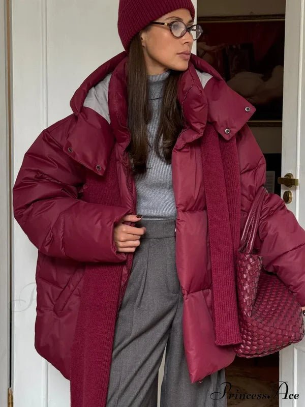 OLANE Oversized Puffer Jacket with Detachable Hood BurgundySWomen's Coats & Jackets