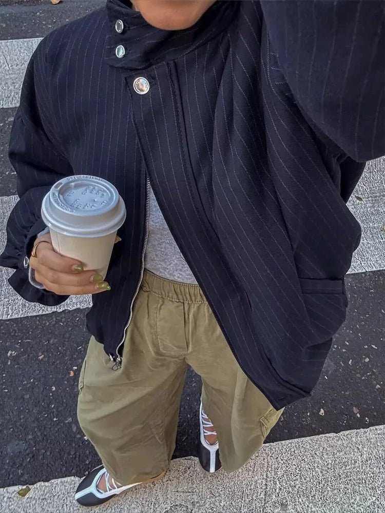 OLANE Pinstripe Bomber Jacket Dark Blue StripeSWomen's Jackets