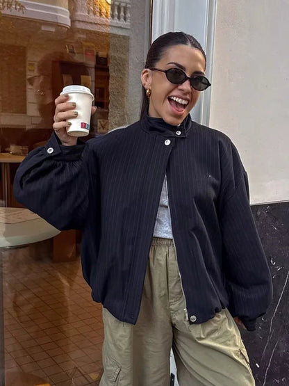 OLANE Pinstripe Bomber Jacket Dark Blue StripeXSWomen's Coats & Jackets