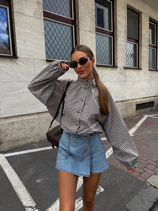 OLANE Plaid Drawstring High Neck Jacket BrownXSJacket