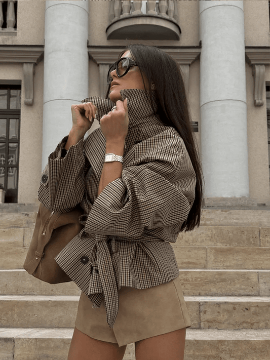 OLANE Plaid Funnel Collar Trench Coat PlaidSCoat