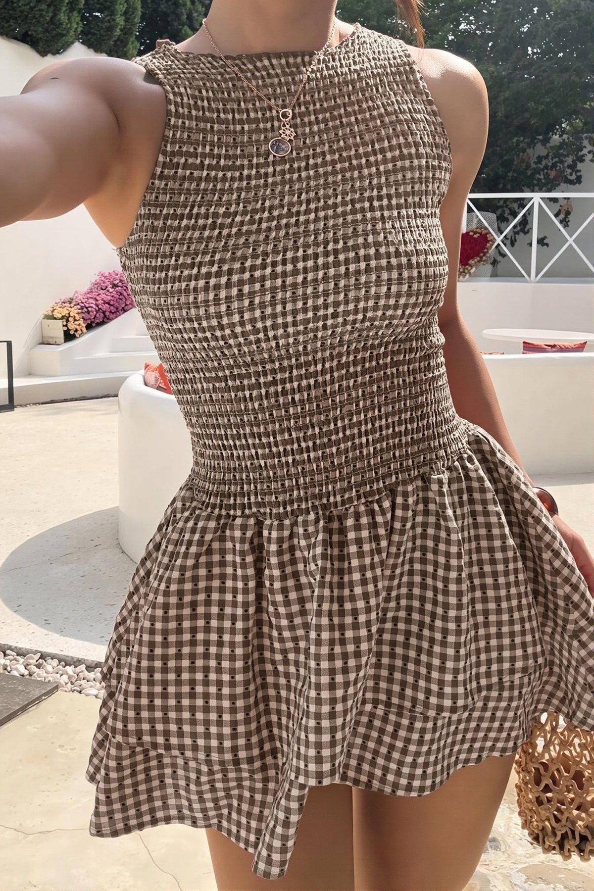 OLANE Plaid Smocked Layered Mini Dress BrownMWomen's Dresses