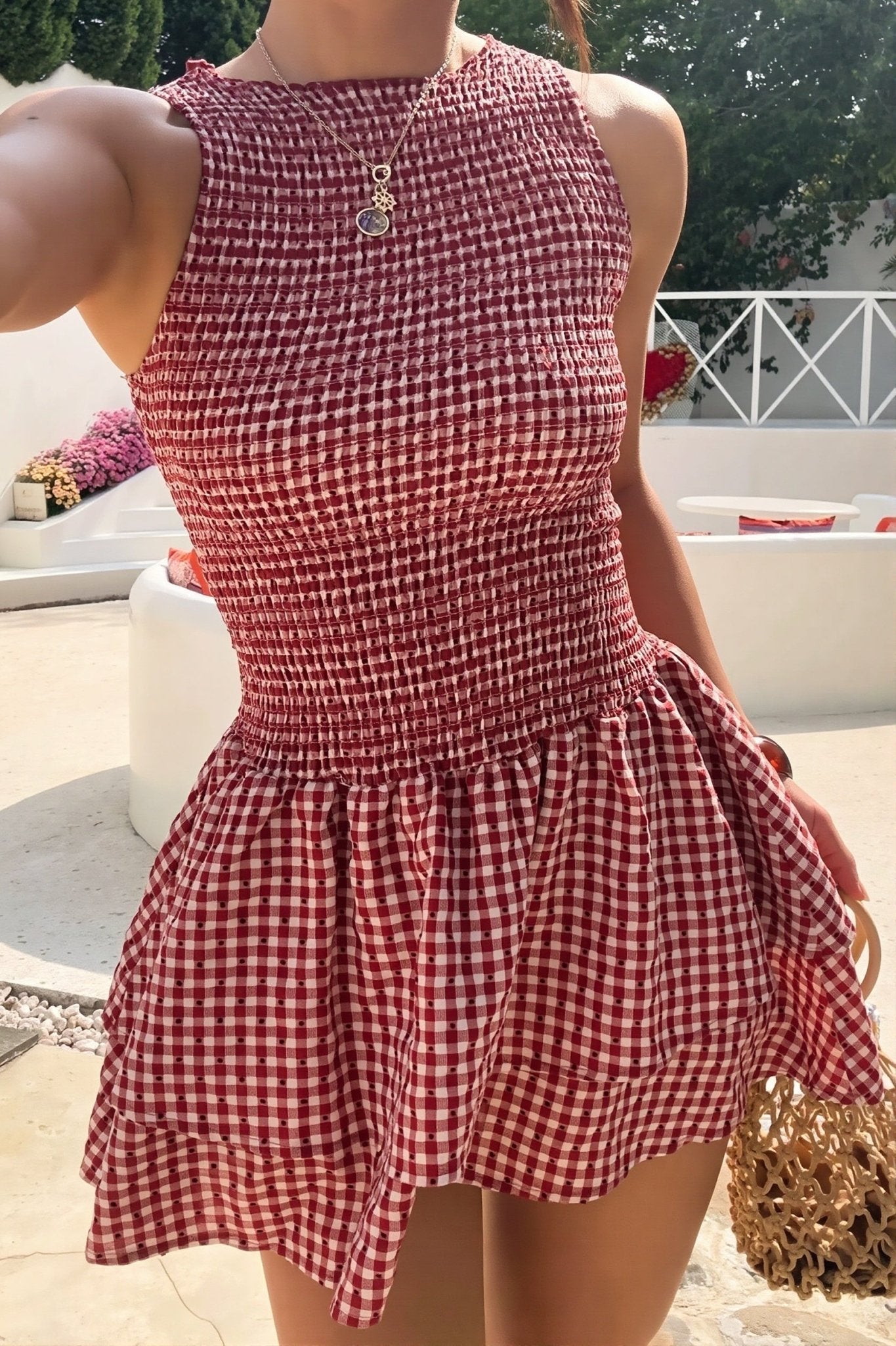 OLANE Plaid Smocked Layered Mini Dress RedMWomen's Dresses