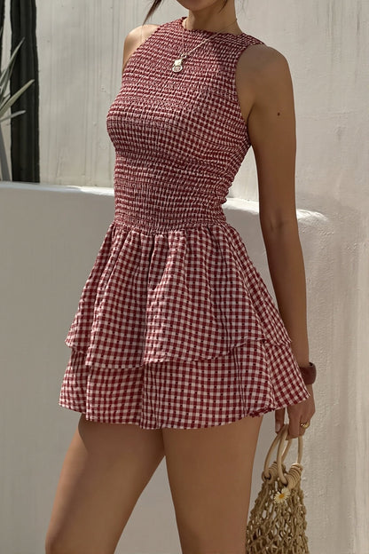 OLANE Plaid Smocked Layered Mini Dress RedMWomen's Dresses