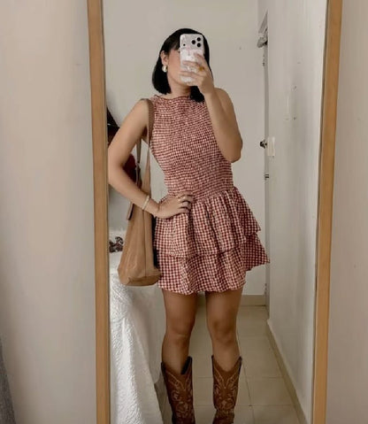 OLANE Plaid Smocked Layered Mini Dress RedXLWomen's Dresses