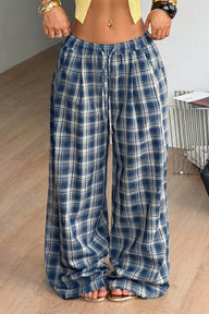 Plaid Wide Leg Drawstring Pants