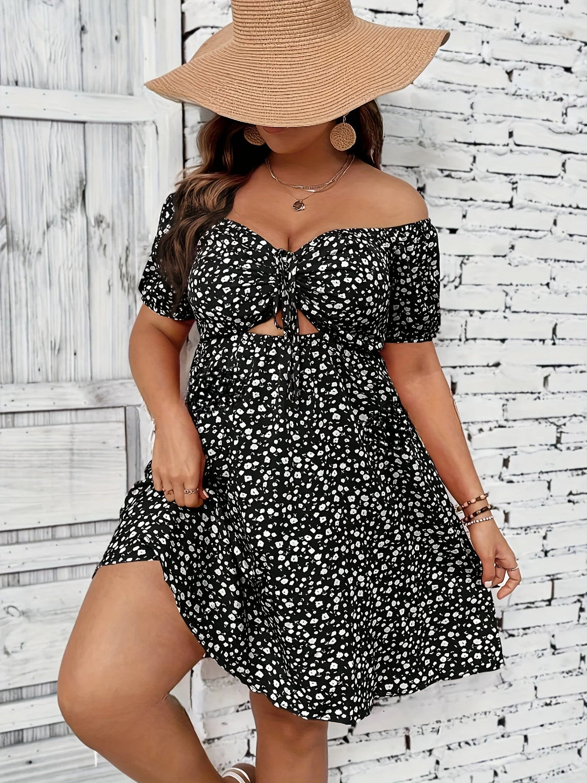 OLANE Plus Size Off - the - Shoulder Floral Dress Black1XLDresses