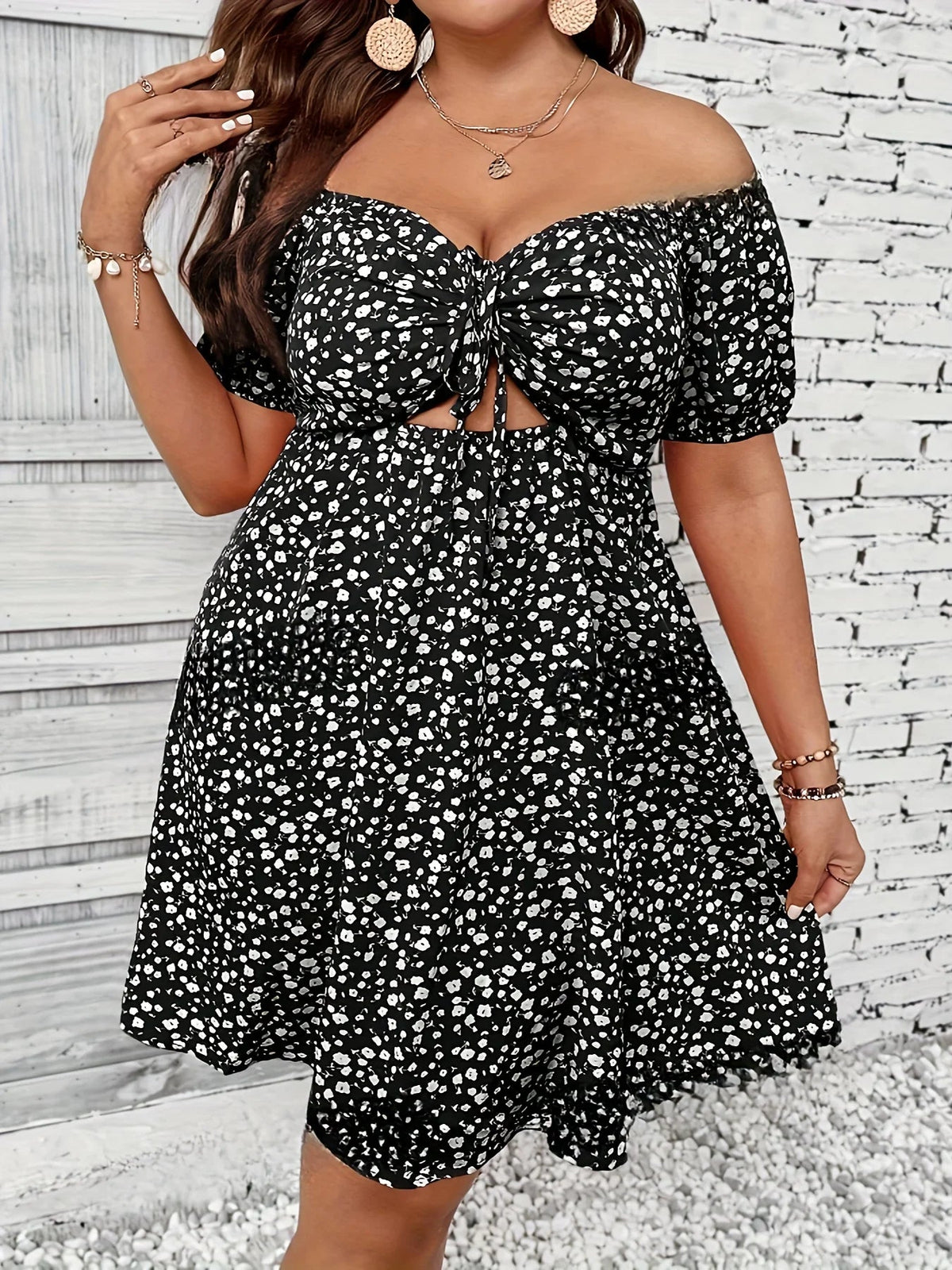OLANE Plus Size Off - the - Shoulder Floral Dress Black2XLDresses