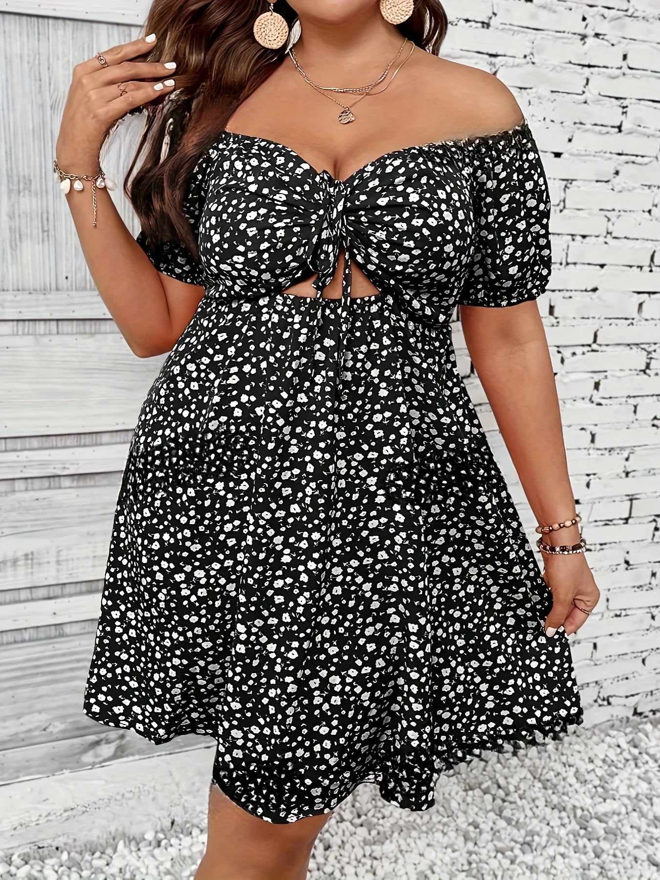 OLANE Plus Size Off - the - Shoulder Floral Dress Black2XLDresses