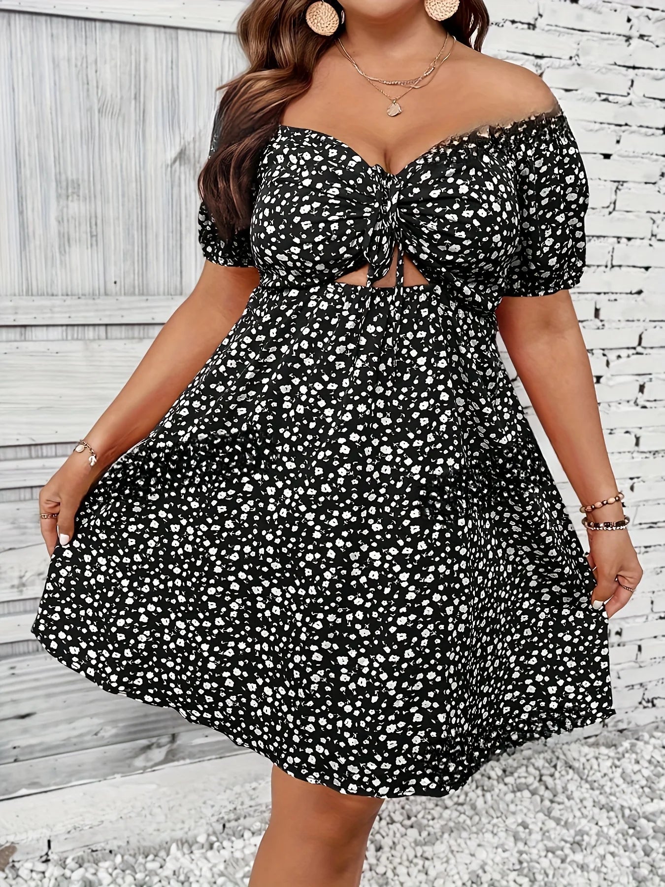 OLANE Plus Size Off - the - Shoulder Floral Dress Black3XLDresses