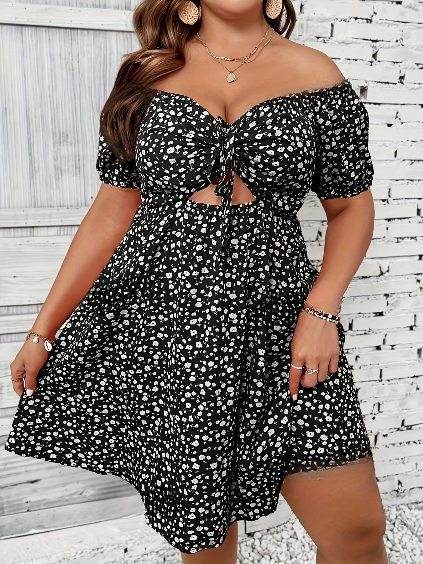 OLANE Plus Size Off - the - Shoulder Floral Dress BlackXLDresses