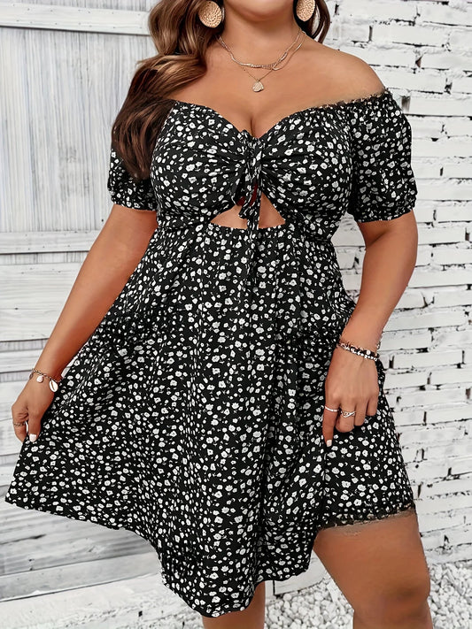 OLANE Plus Size Off - the - Shoulder Floral Dress BlackXLDresses