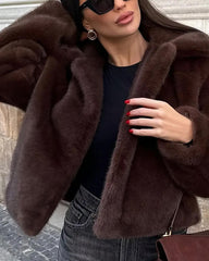 Plush Turn-Down Collar Faux Fur Jacket