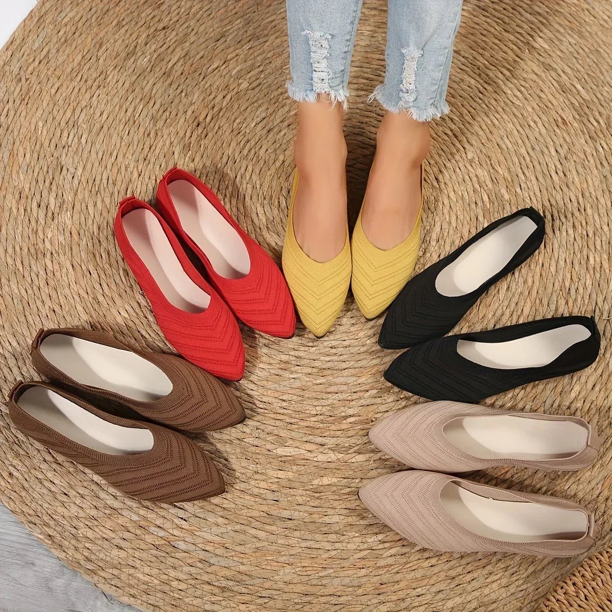 OLANE Pointed Toe Knitted Ballet Flats Beige35Women's Shoes