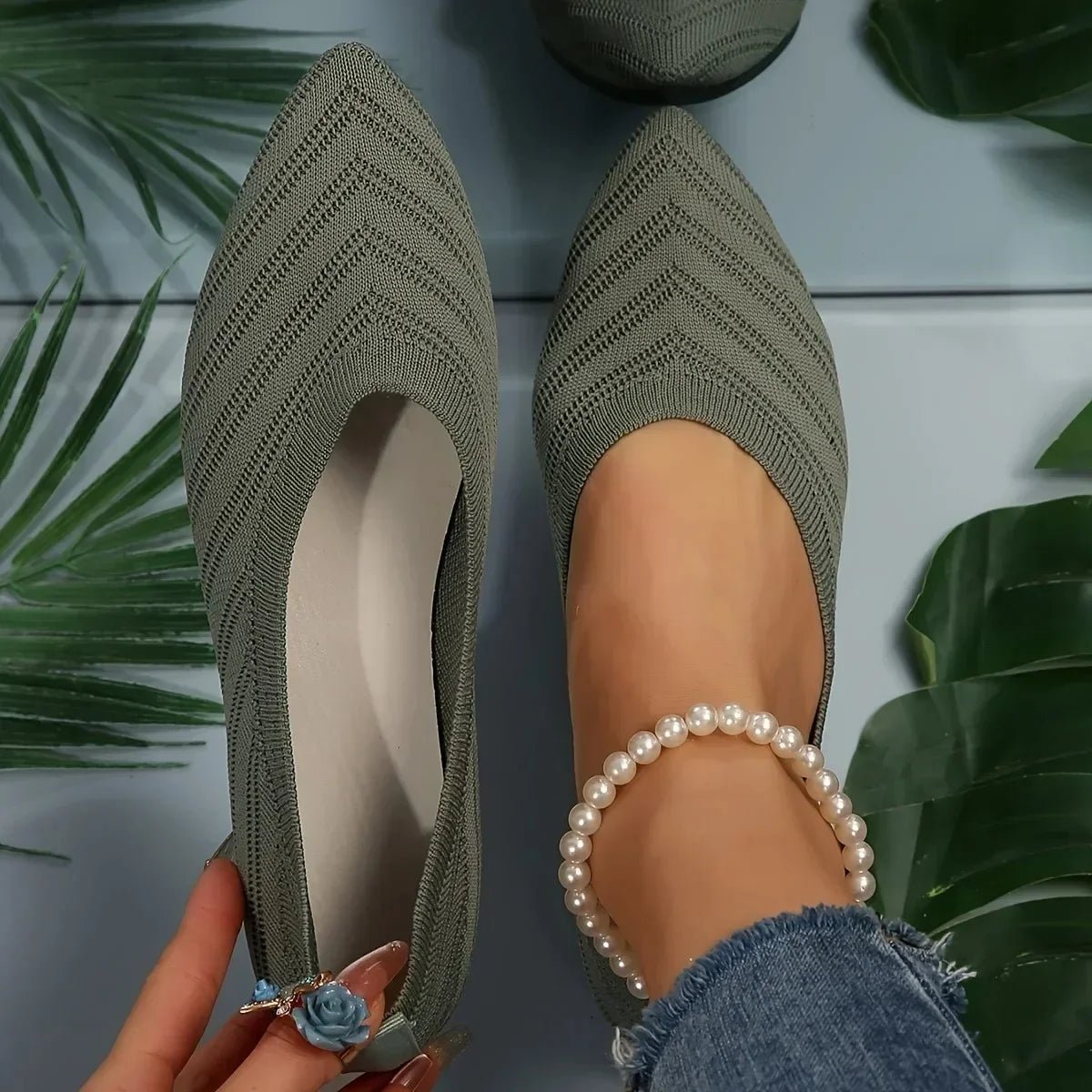 OLANE Pointed Toe Knitted Ballet Flats Beige35Women's Shoes