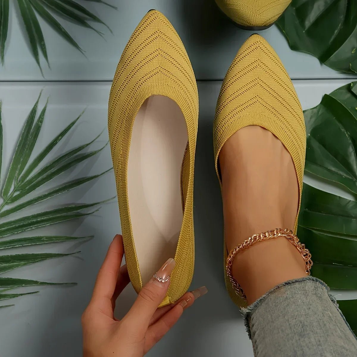 OLANE Pointed Toe Knitted Ballet Flats Beige35Women's Shoes