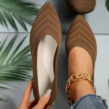 OLANE Pointed Toe Knitted Ballet Flats Beige35Women's Shoes