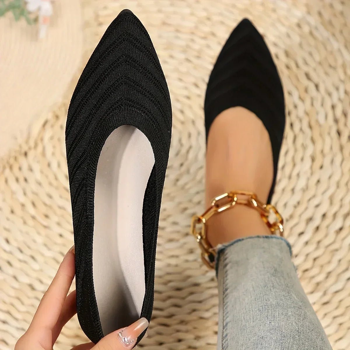 OLANE Pointed Toe Knitted Ballet Flats Beige35Women's Shoes