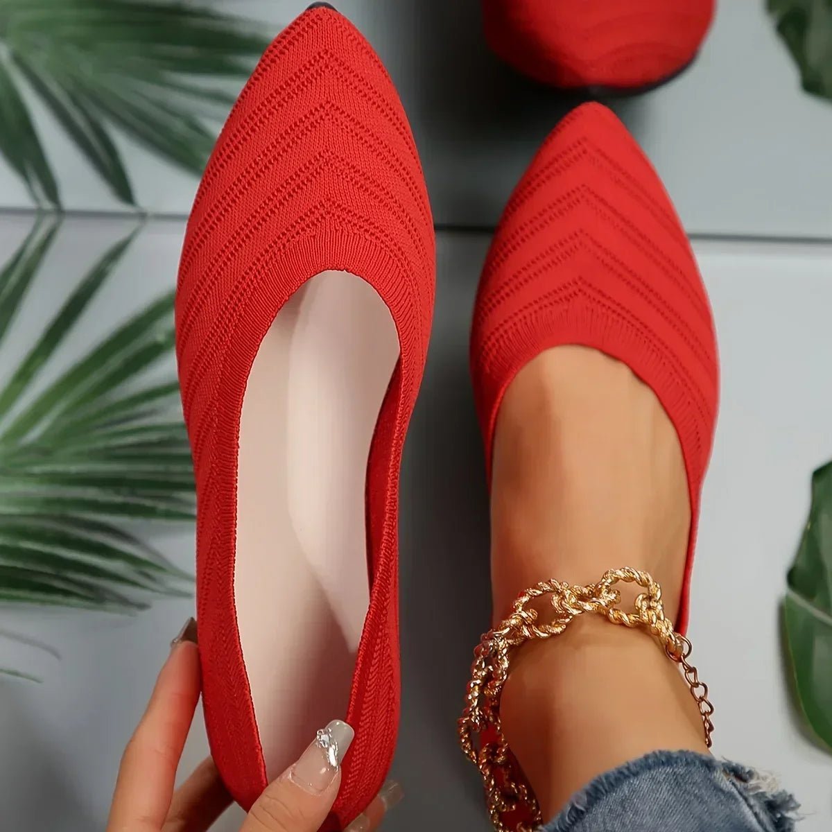 OLANE Pointed Toe Knitted Ballet Flats Beige35Women's Shoes