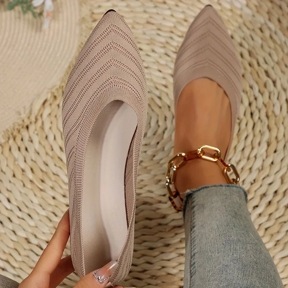 OLANE Pointed Toe Knitted Ballet Flats Beige35Women's Shoes